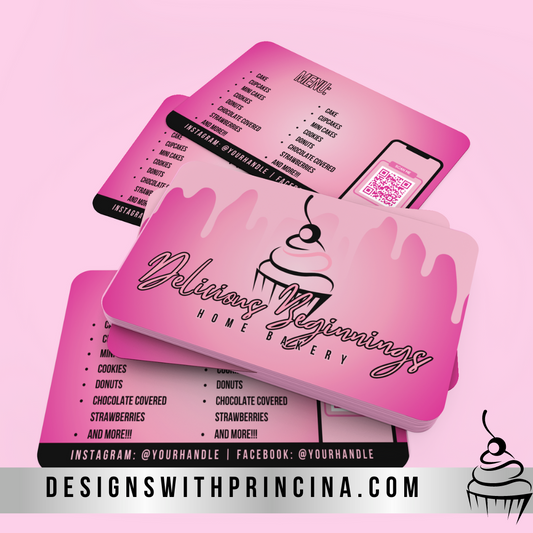 Double Sided Business Cards | Glossy | Standard US Size 3.5 x 2 Inches | Delicious Beginnings Home Bakery Theme Design
